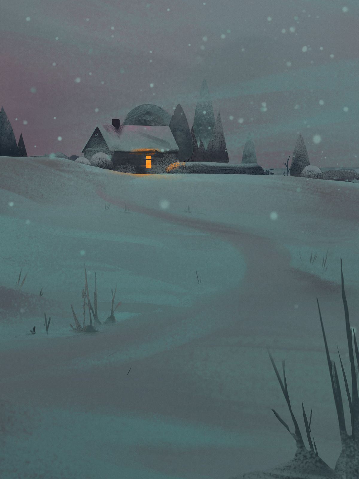 Digital illustration by Bjork. A house in snow.