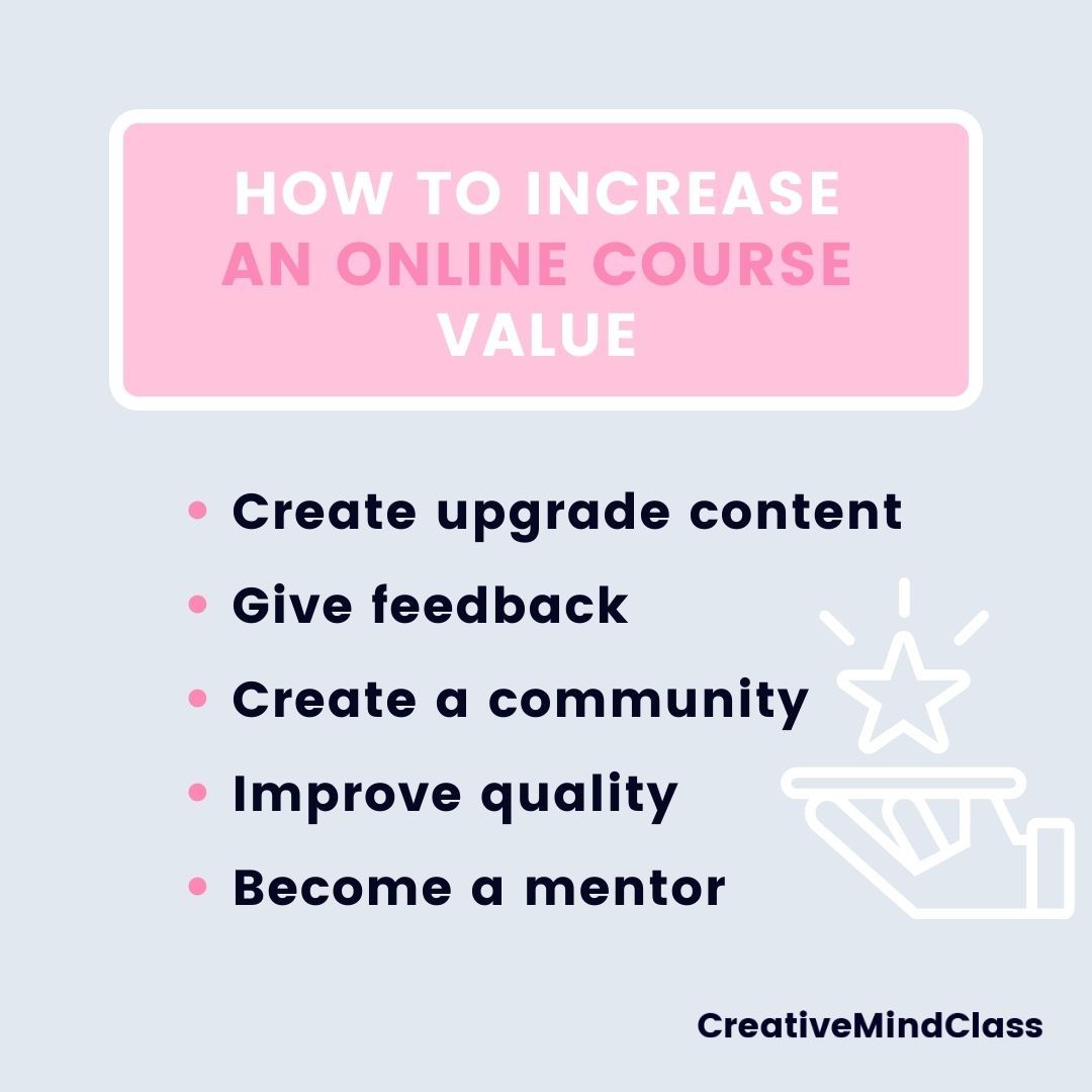 How to increase an online course value infographic. Bullet points.