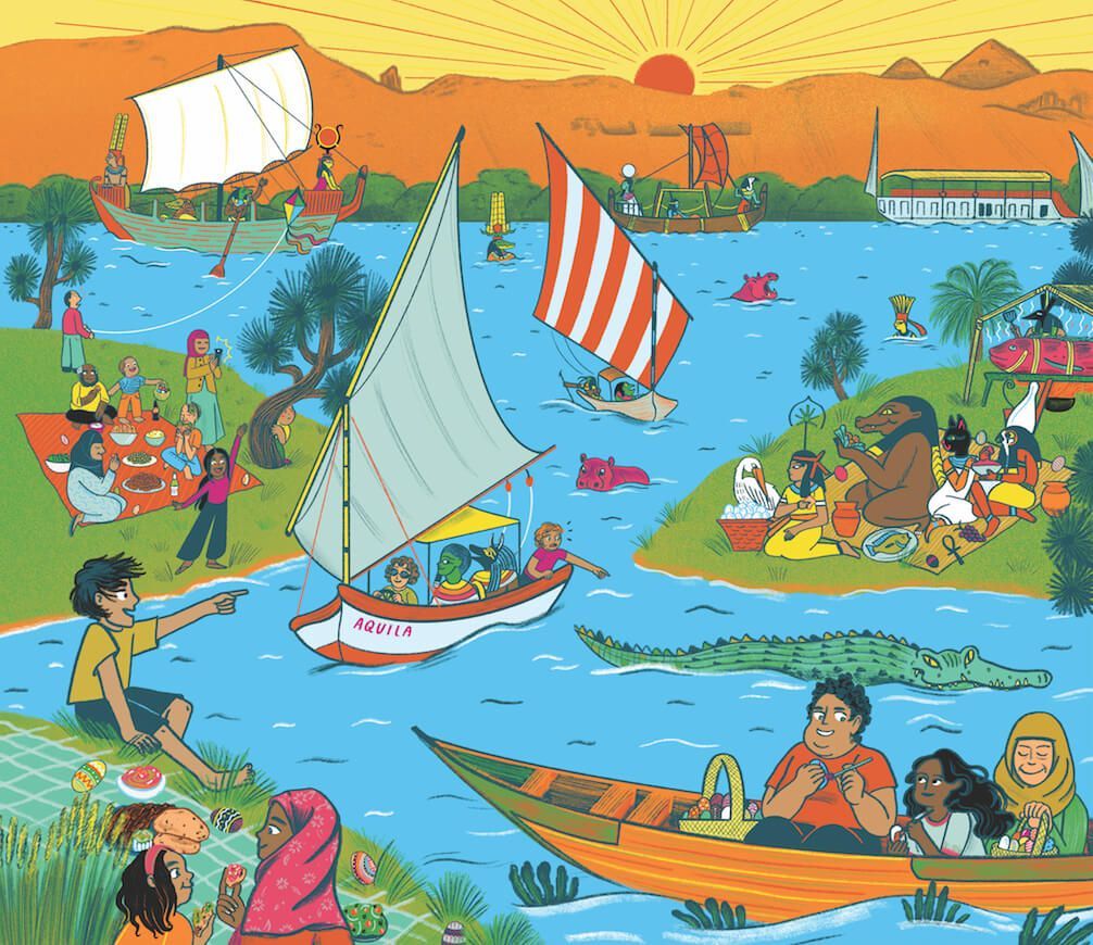 Digital Illustration by Marianna Madriz. Boats on a river.