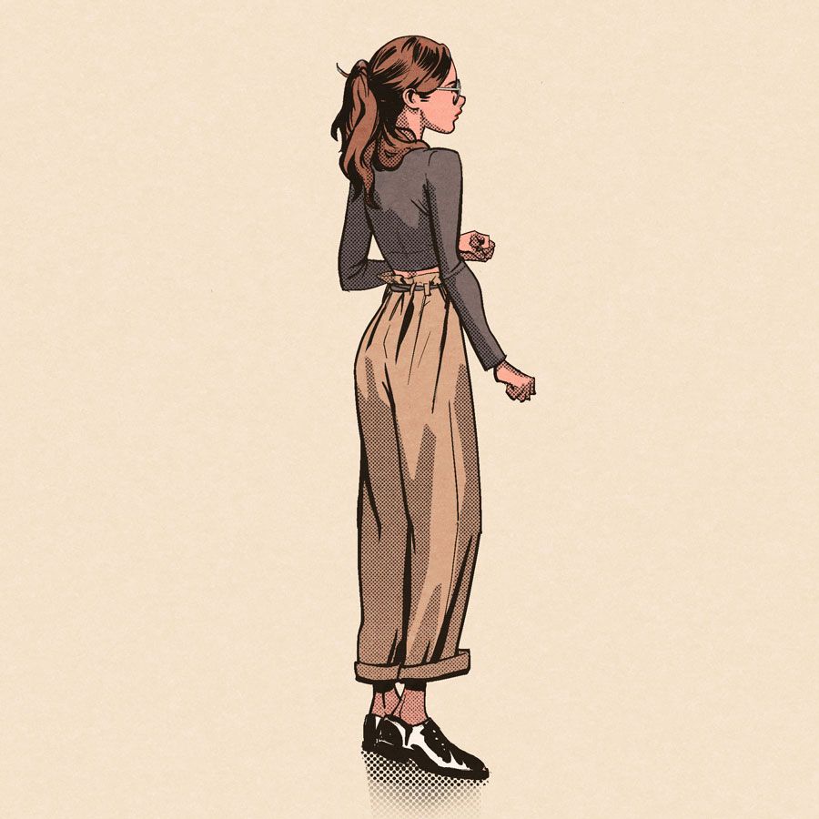 Digital illustration by Bjork. A standing woman in reading glasses.